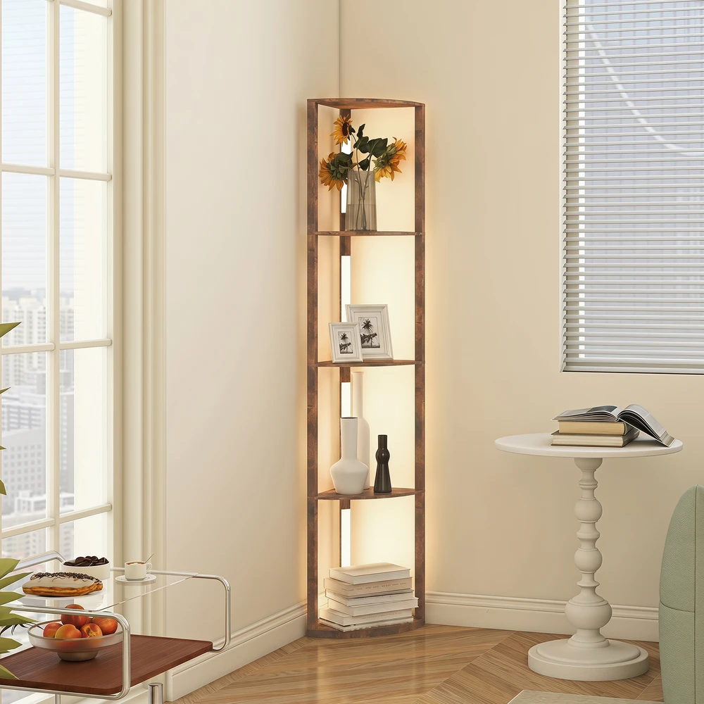 Aosom LED grindų lempa su lentynomis, 3 šviesumo lygiai, rustikinė ruda, 41 x 29,5 x 163,5 cm