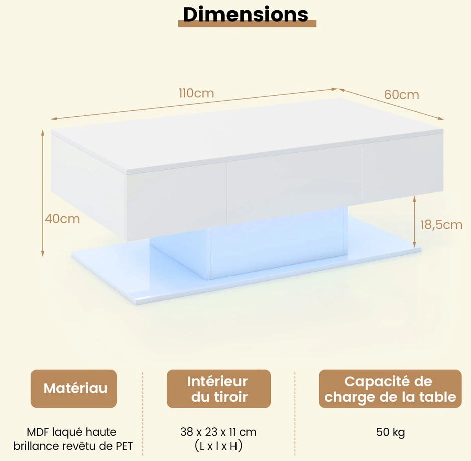 Promotion LED kavos staliukas 110x60x40 cm baltas spalvos