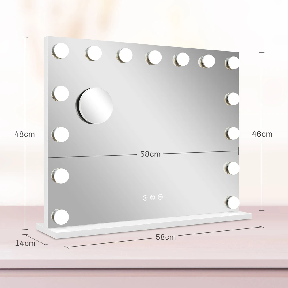 Aosom LED kosmetinis veidrodis, 3 šviesos režimai, reguliuojamas, jutiklinis valdymas, USB, 58 x 48 cm, baltas