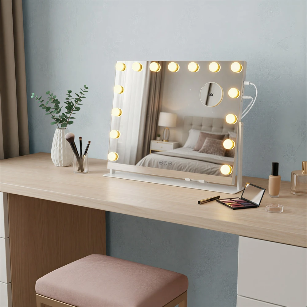 Koduva LED kosmetinis veidrodis su 15 lemputių, 10x didinimu, baltas, 10 x 62,5 x 45,8 cm