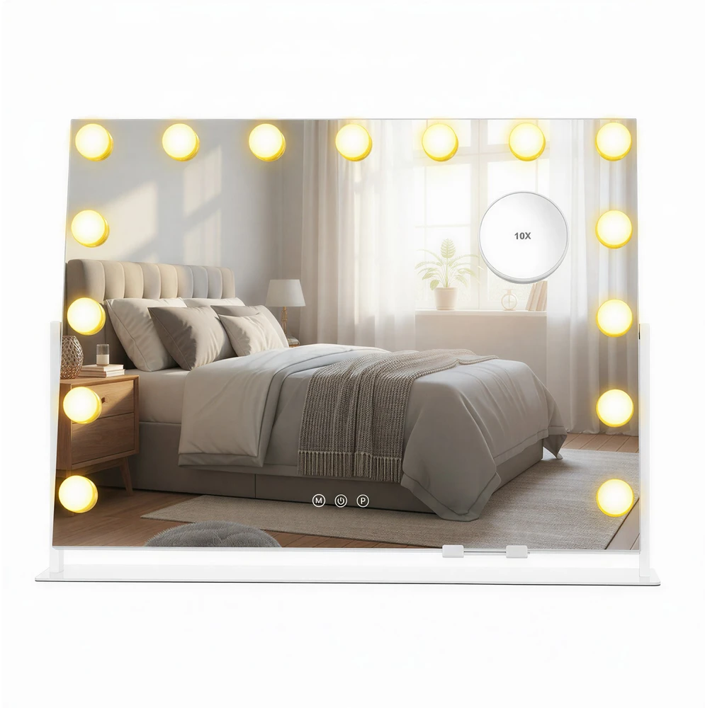 Koduva LED kosmetinis veidrodis su 15 lemputių, 10x didinimu, baltas, 10 x 62,5 x 45,8 cm
