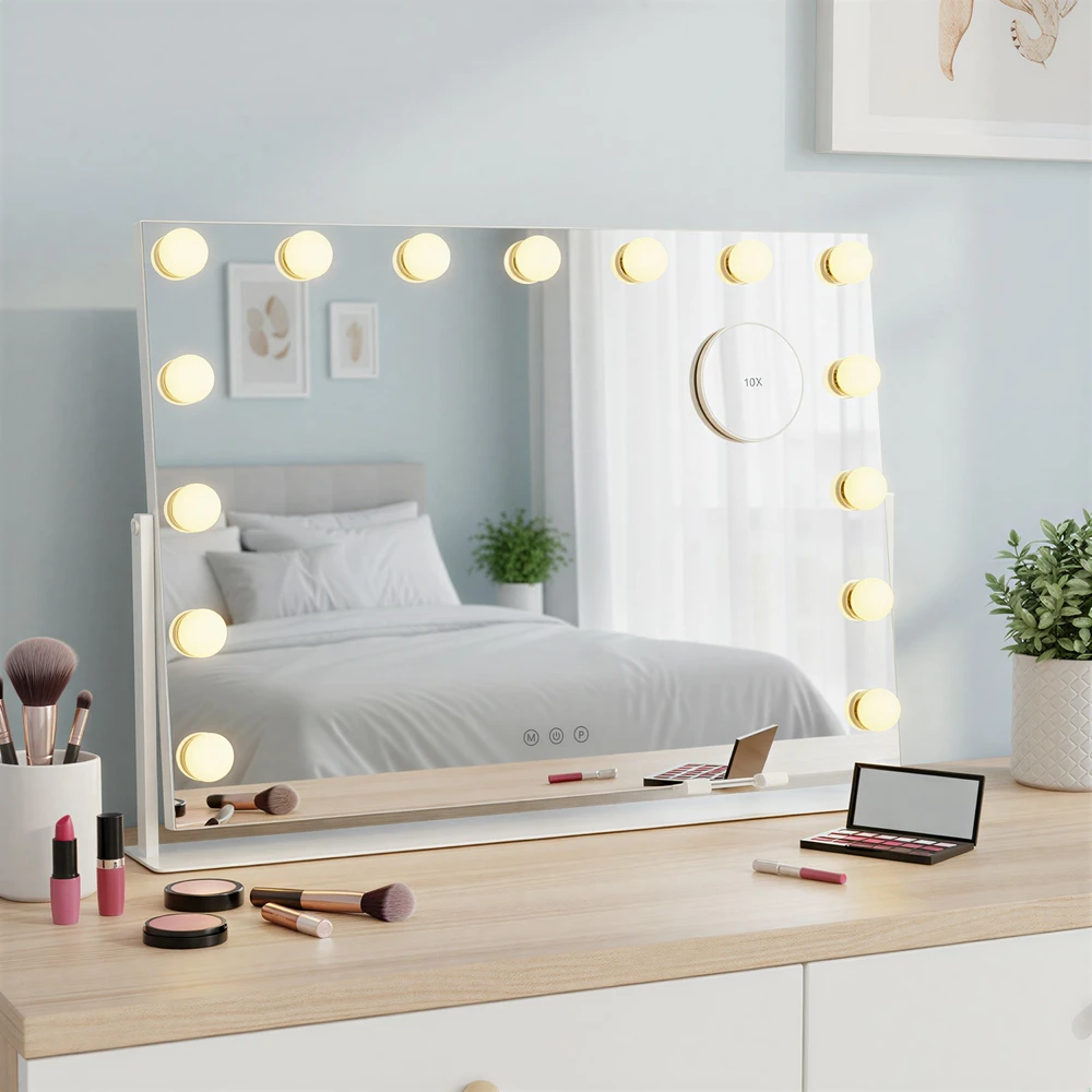 Koduva LED kosmetinis veidrodis su 15 lemputių, 10x didinimu, baltas, 10 x 62,5 x 45,8 cm