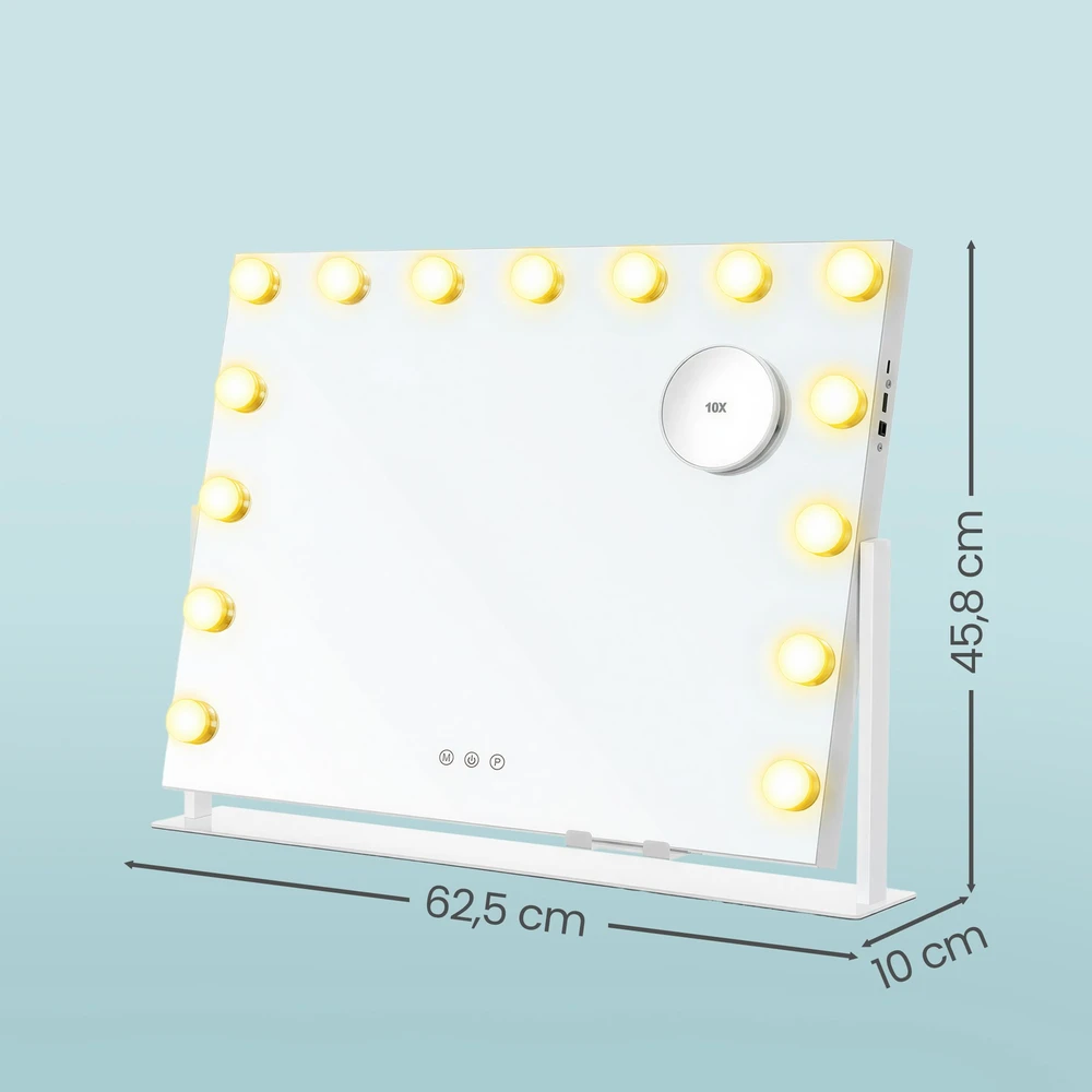 Koduva LED kosmetinis veidrodis su 15 lemputių, 10x didinimu, baltas, 10 x 62,5 x 45,8 cm