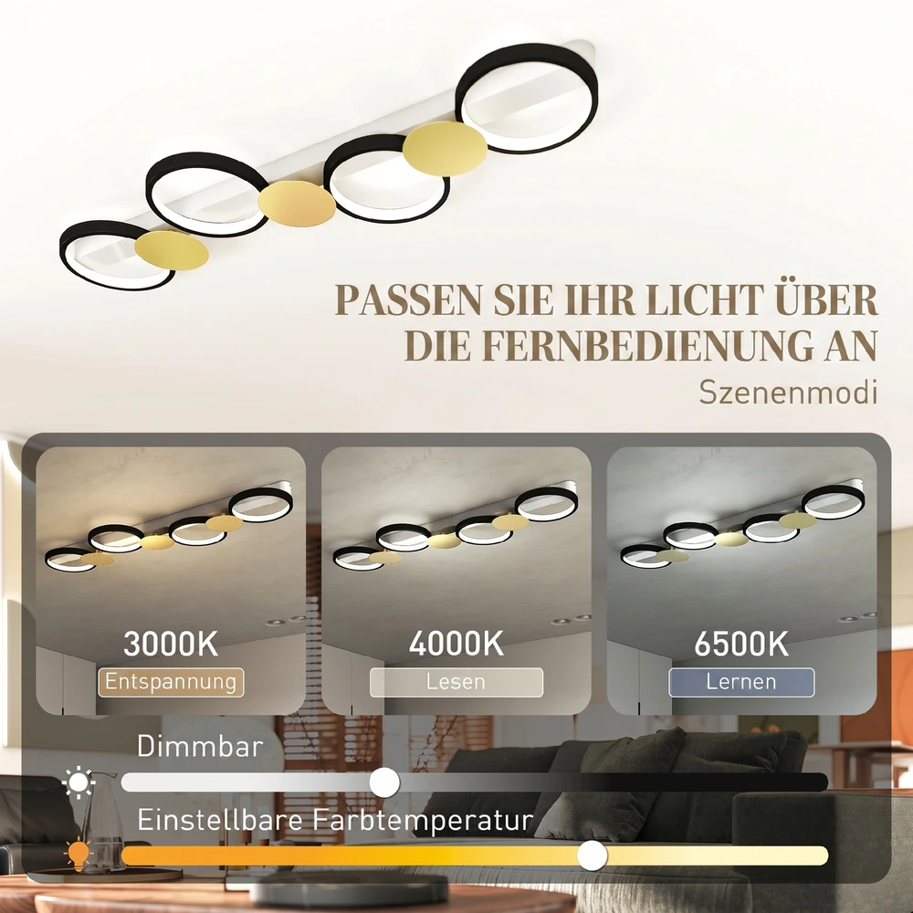 Aosom LED lubinis šviestuvas, 38 W, 1500 lm, 3000K-6500K, juodas auksinis, 100 cm