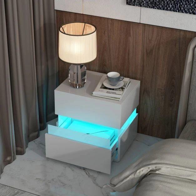 Koduva LED naktinis staliukas 2 stalčiais baltas spalvos