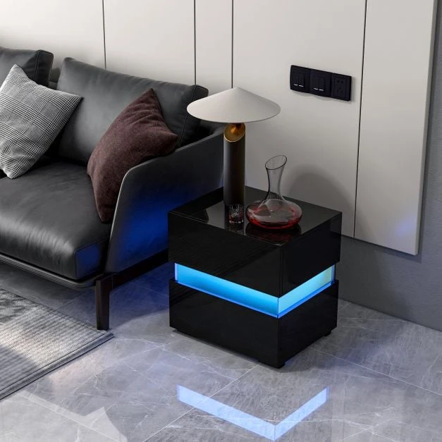 Koduva LED naktinis staliukas 2 stalčiais juodas spalvos