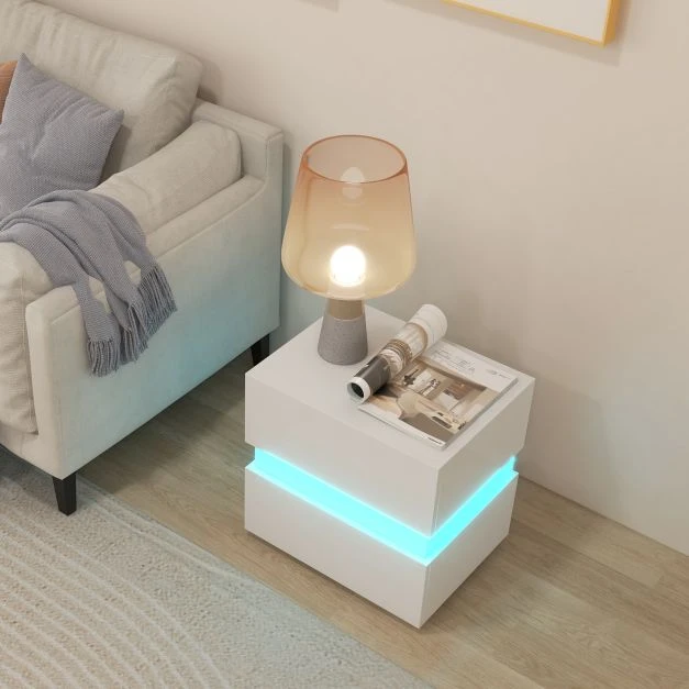 Koduva LED naktinis staliukas 2 stalčiais baltas spalvos