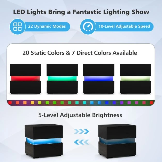 Koduva LED naktinis staliukas 2 stalčiais juodas spalvos