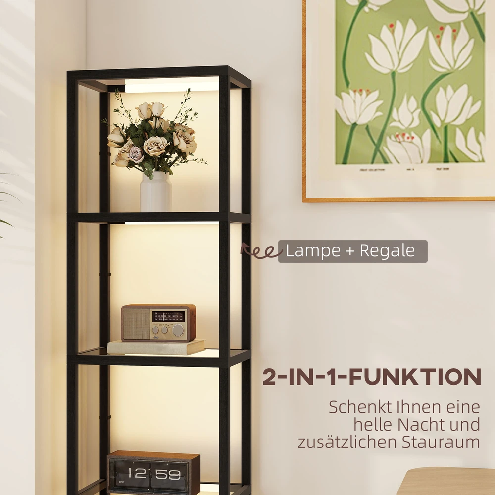 Aosom LED pastatoma lempa su 4 lygių lentyna, juoda, 45 x 29 x 157 cm