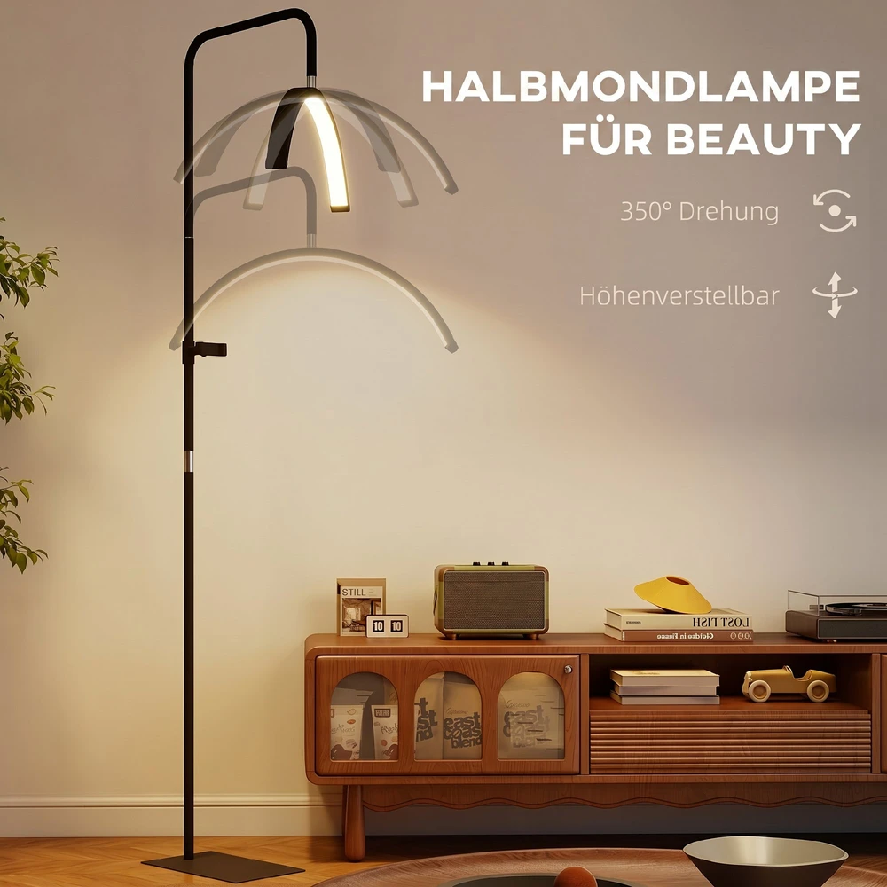 Aosom LED pusmėnulio blakstienų lempa su telefono laikikliu, 350° pasukama, juoda, 136-186 cm