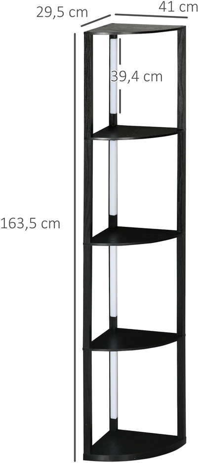Aosom LED toršeras su lentyna, kampinis, reguliuojamas, 4 lentynos, šiltai balta šviesa, 41 x 29,5 x 163,5 cm, juodas