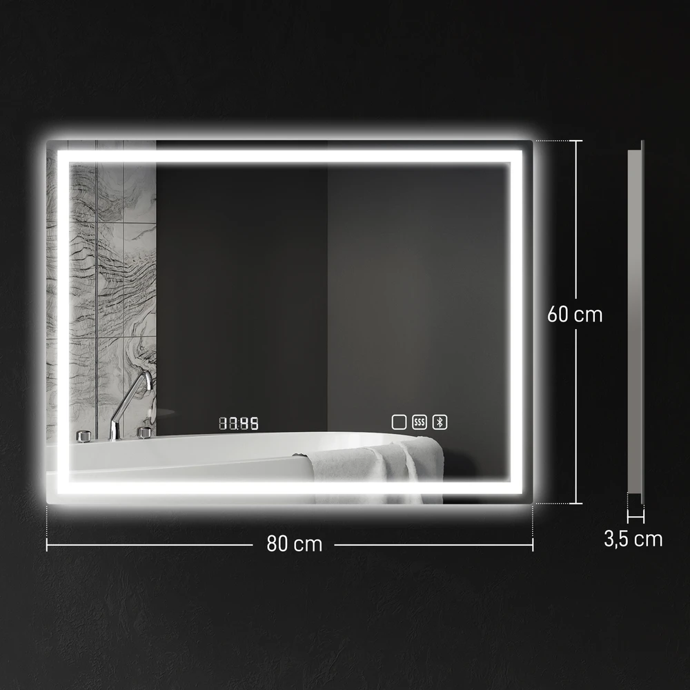 Koduva LED vonios veidrodis, sidabrinis, 80 x 60 x 3,5 cm