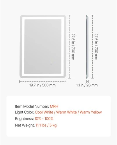 VEVOR LED vonios veidrodis MRH, 50 x 70 cm, montuojamas ant sienos