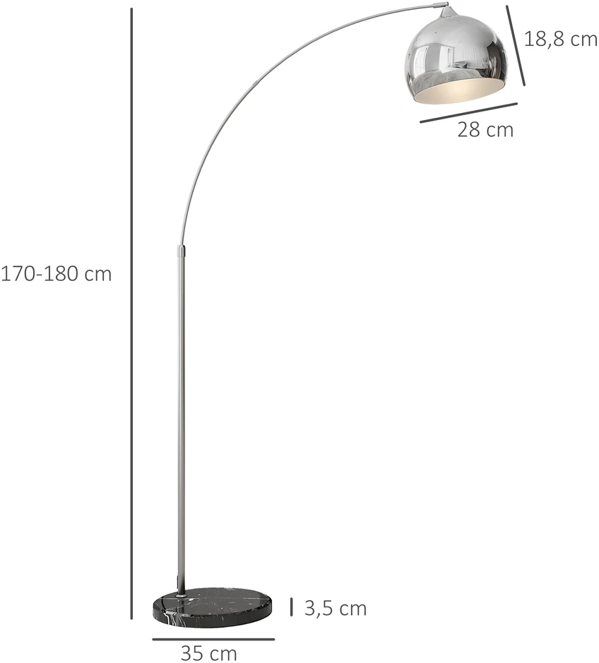 Aosom Lenktinė grindų lempa, reguliuojamas aukštis, sidabro/juoda, metalas, 170-180 cm