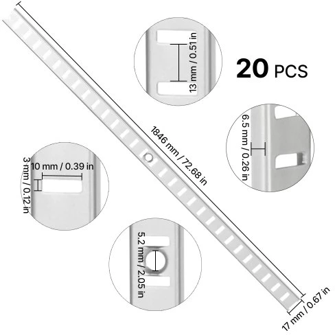 Koduva Lentynų bėgeliai VEVOR GD03, 20 vnt., plienas, ryškiai sidabrinė, 185 cm