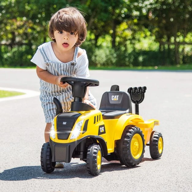 Promotion Licencijuotas Caterpillar vaikiškas stumiamas automobilis su nuimama priekaba, geltonas