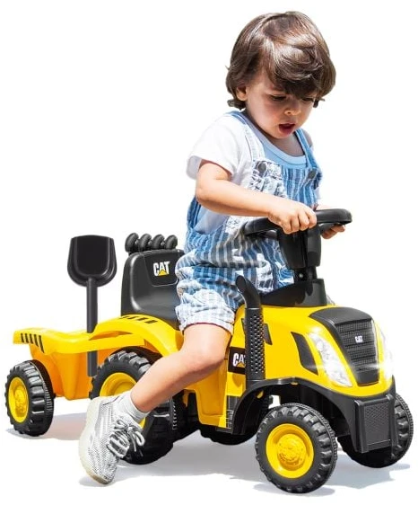 Promotion Licencijuotas Caterpillar vaikiškas stumiamas automobilis su nuimama priekaba, geltonas