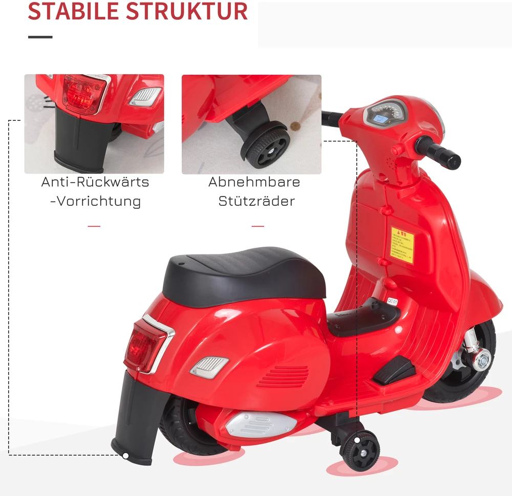 Aosom Licencijuotas vaikiškas elektrinis motociklas VESPA, raudonas, 66,5 x 38 x 52 cm