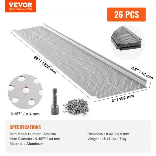 Koduva Lietaus latakų apsauga VEVOR, aliuminis, 15 cm, 26 vnt., bendras ilgis 31,7 m