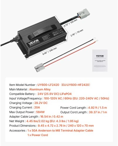 VEVOR LiFePO4 akumuliatoriaus įkroviklis UY600-HF2420, 24 V, 20 A, 29,2 V, su Anderson jungtimi
