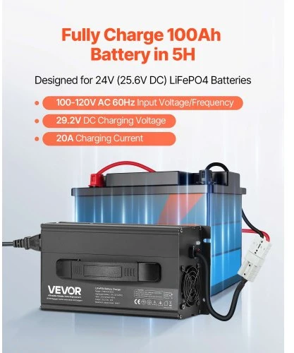 VEVOR LiFePO4 akumuliatoriaus įkroviklis UY600-HF2420, 24 V, 20 A, 29,2 V, su Anderson jungtimi