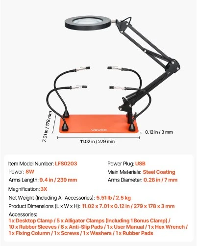 VEVOR Litavimo pagalbinė stotelė LFS0203 su 4 lanksčiomis rankomis, 3X LED didinamąja lempa, 8 W