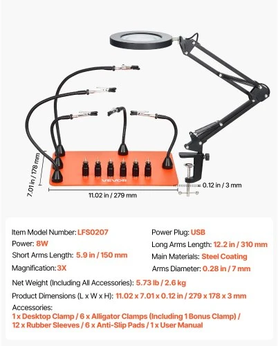 VEVOR Lituoklio pagalbinių laikiklių stotelė LFS0207 su LED didinimo lempa, 5 lanksčios rankos, 6 PCB laikikliai, 8 W