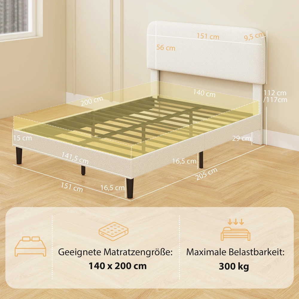 Aosom Lova 140 x 200 cm, minkštas lovos rėmas su reguliuojamu Teddy fleece galvūgaliu, balta
