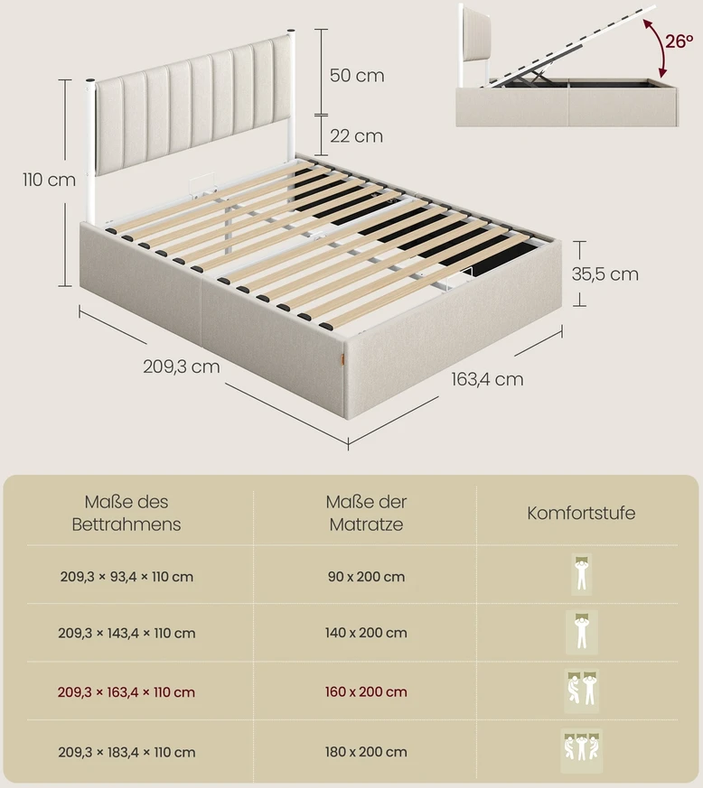 Songmics Lovos rėmas 160 x 200 cm su galvūgaliu ir daiktadėže po lova, cappuccino smėlio spalvos