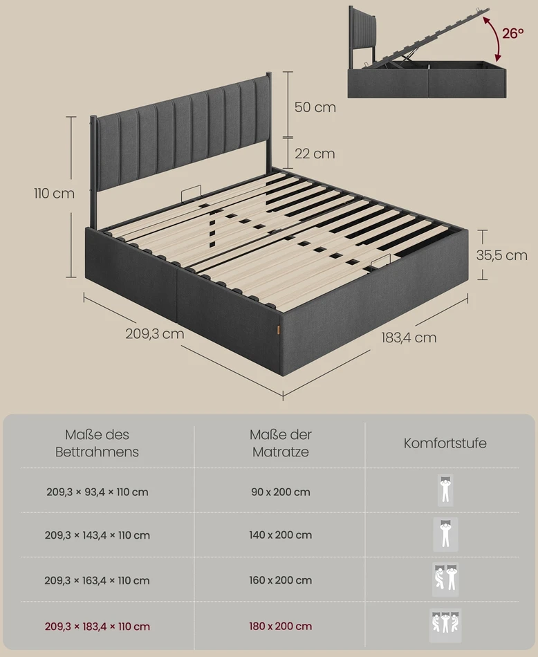 Koduva Lovos rėmas 180 x 200 cm su galvūgaliu ir daiktadėže po lova, pilkai skalūno spalvos