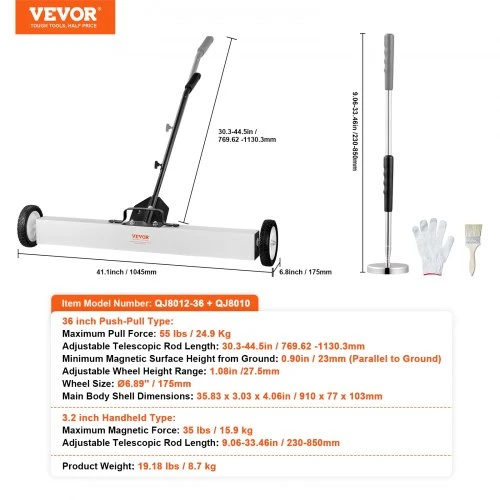 VEVOR Magnetinė šluota su ratukais ir teleskopiniu magnetiniu surinkimo įrankiu, 91 cm, iki 24,9kg