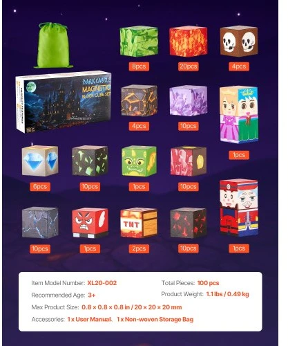 Koduva Magnetinės kaladėlės VEVOR Dark Castle Set, 100 vnt., 2 x 2 x 2 cm, nuo 3 metų