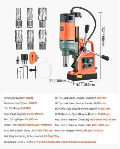 Koduva Magnetinis gręžtuvas VEVOR, 1450 W, 50 mm, 13000 N, 6 grąžtai, 8880E