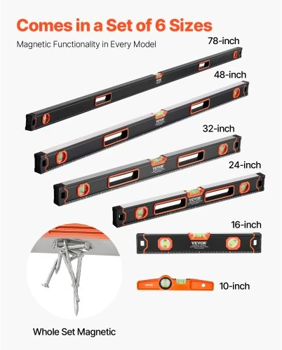 Koduva Magnetinių gulsčiukų rinkinys VEVOR, 6 vnt., aliuminis, juoda / oranžinė, 25/40/60/80/120/200 cm