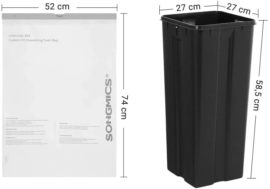 Songmics Maišeliai šiukšlėms su užtraukiama juosta, 30 l, 45 vnt., balti, HDPE, 52 x 74 cm
