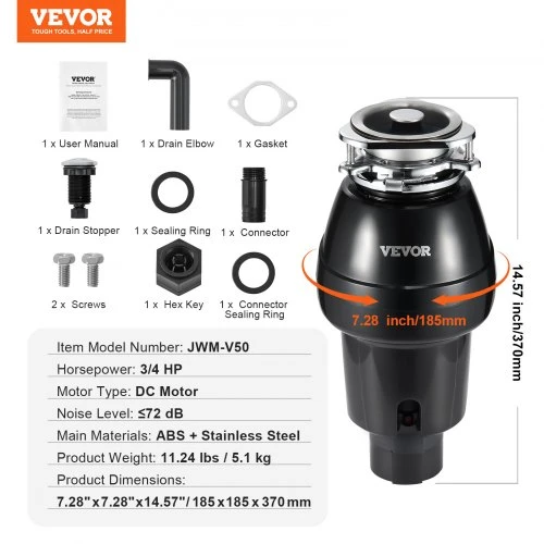 VEVOR Maisto atliekų smulkintuvas JWM-V50, 0,56 kW, 3600 RPM, 3 varžtų tvirtinimas