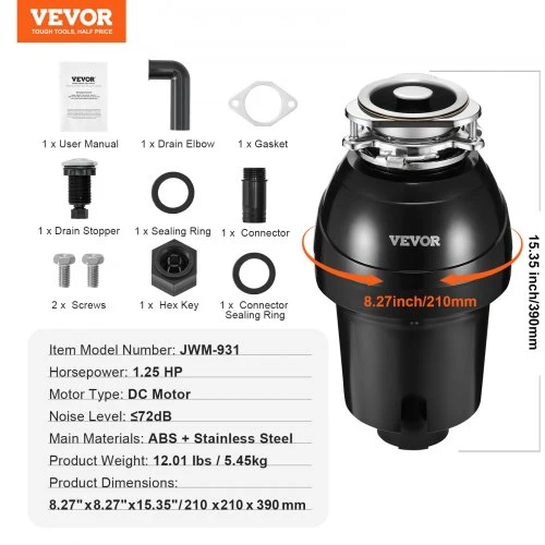 VEVOR Maisto atliekų smulkintuvas JWM-931, 0,93 kW, 4060 RPM, 21 x 21 x 39 cm
