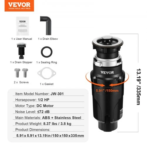 VEVOR Maisto atliekų smulkintuvas JW-301, 0,37 kW, 3820 RPM, 15 x 15 x 34 cm