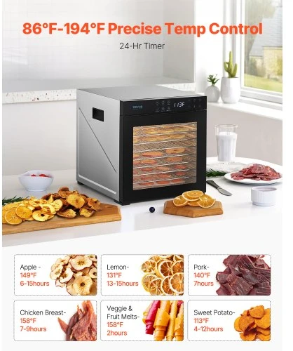 VEVOR Maisto džiovintuvas FD-1018, 1000 W, 10 nerūdijančio plieno padėklų, 25 l