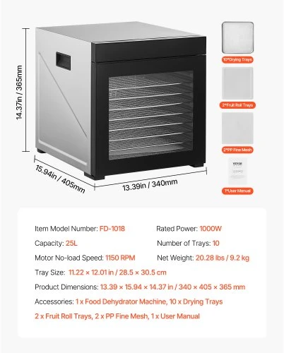 VEVOR Maisto džiovintuvas FD-1018, 1000 W, 10 nerūdijančio plieno padėklų, 25 l