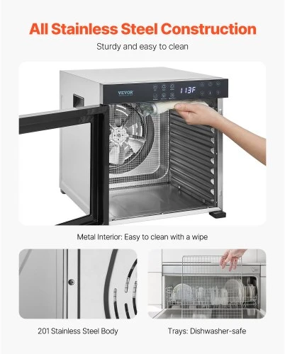 VEVOR Maisto džiovintuvas FD-1018, 1000 W, 10 nerūdijančio plieno padėklų, 25 l