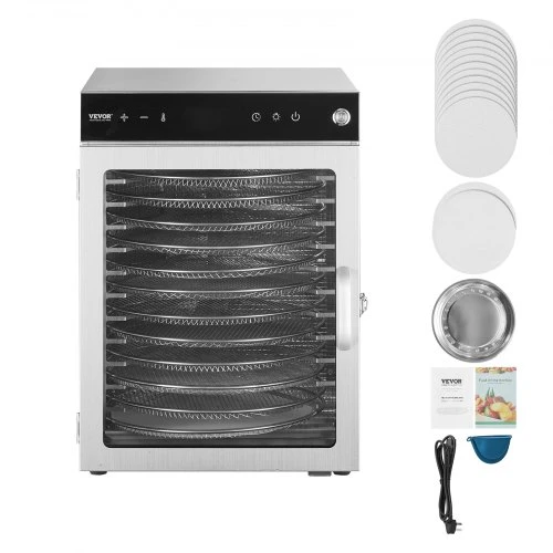 VEVOR Maisto džiovyklė H12-CX001, 12 nerūdijančiojo plieno padėklų, 800 W, 45,5 l