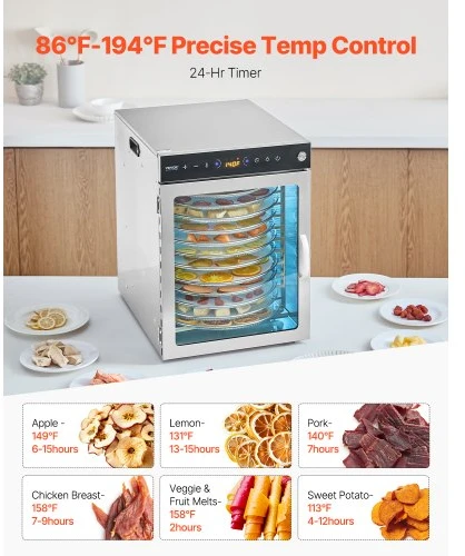 VEVOR Maisto džiovyklė H12-CX001, 12 nerūdijančiojo plieno padėklų, 800 W, 45,5 l