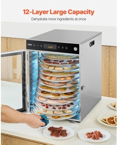VEVOR Maisto džiovyklė H12-CX001, 12 nerūdijančiojo plieno padėklų, 800 W, 45,5 l