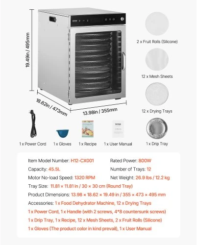 VEVOR Maisto džiovyklė H12-CX001, 12 nerūdijančiojo plieno padėklų, 800 W, 45,5 l