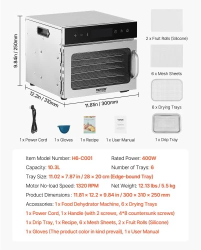 VEVOR Maisto džiovyklė H6-C001, 6 nerūdijančio plieno padėklai, 400 W, 10,3 l