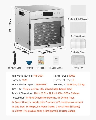 VEVOR Maisto džiovyklė H8-C001, 8 nerūdijančiojo plieno padėklai, 400 W, 13,2 l