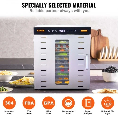 VEVOR Maisto džiovyklė SS-10X, nerūdijantis plienas, 1000 W, 10 padėklų, 46 x 42 x 47 cm