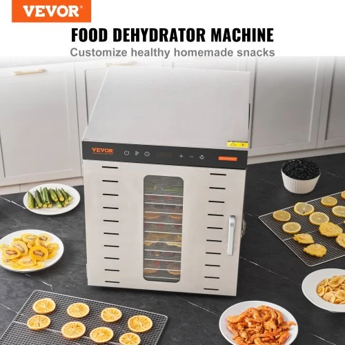 VEVOR Maisto džiovyklė SS-10X, nerūdijantis plienas, 1000 W, 10 padėklų, 46 x 42 x 47 cm