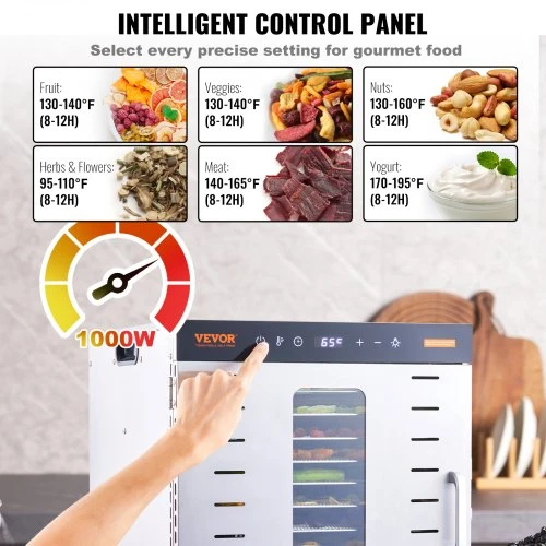 VEVOR Maisto džiovyklė SS-10X, nerūdijantis plienas, 1000 W, 10 padėklų, 46 x 42 x 47 cm